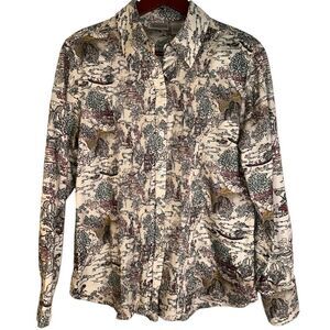 Chico’s Womens M Asian Travel Novelty Print Pintuck Button Front Blouse